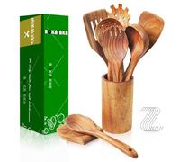 Cucharas de Madera para Cocinar - 9 Utensilios de Cocina Con Agarre Cómodo - Juego de Utensilios de Teca Con Soporte