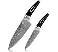 Cuchillo de cocina de acero Damasco de 20 cm (8 pulgadas), con núcleo SLD, afilado, ideal para chefs, cuchillo multiusos para cocinar, con mango de plástico ABS (Color: Juego de 2 cuchillos)