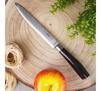 Cuchillo multiusos de 15,5 cm, con hoja de acero damasco y empuñadura de madera pakka