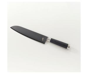 Cuchillo Santoku KAI Michel BRAS, número 5, de 22,9 cm. Cuchillo multiusos fabricado a mano, con hoja de acero inoxidable de 3 capas y mango de madera Pakkawood negra. Precisión y filo para cocineros 