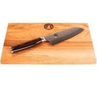 Cuchillo Santoku Kai Shun Tim Mälzer de 14 cm, acero Damasco, modelo TDM 1727, junto con una tabla de cortar de roble de 30x20 cm. Cuchillo pequeño de cocina de filo excepcional, con mango de nogal. S