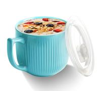 Cuenco de cerámica con asa, 900 ml, tazas de sopa para microondas con tapa, cuenco de ramen, taza de café grande para almuerzo, pasta, fruta, cereales (azul)