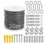 Cuerda metálica de 2 mm, 50 m, acero inoxidable 304, con revestimiento de PVC, kit de soporte de cuerda de alambre con tensor M5, tornillos de ojal, terminales (45 piezas)
