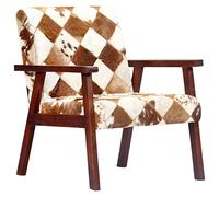Cuero auténtico de cabra estilo vaca para salón lectura y relax madera | Sillón de cuero auténtico de cabra blanco y marrón con estructura de madera de acacia, butaca elegante con reposabrazos
