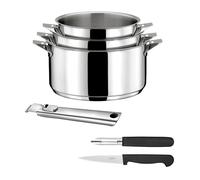 CuisINOX - Eclipse - Juego de cocina y cubiertos - Sartenes de 16/18/20 cm, pelador y cuchillo de oficina - Mango de acero inoxidable - Base encapsulada - Compatible con todo tipo de fuegos, incluida
