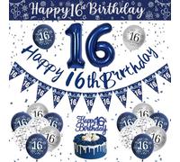 ¡Cumpleaños 16 Años Decoración con Globos Azules y Plateados, Banner Feliz Cumpleaños, Confeti para Chica