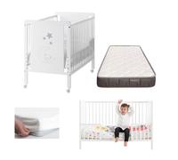 Cuna bebe indi con colchón convertible en cama, blanca, madera de haya + barandillas protección + colchón morfeo + protector de colchón