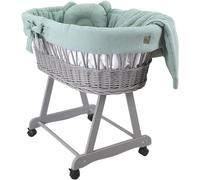Cuna de bebé – Set completo con moisés gris, colchón y ropa de cama de 100% algodón en color beige dorado – lugar de descanso seguro con ruedas y freno – modelo Amelia