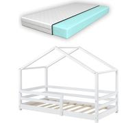 Cuna para bebé con colchón y protección anticaídas, 70x140 cm. Cama infantil con colchón de espuma viscoelástica. Estructura de cama con somier. Madera de pino. Cuna para bebés, color blanco. [en.casa