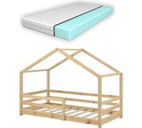 Cuna para bebé con colchón y protección anticaídas, 70x140 cm. Cama tipo casita con colchón de espuma viscoelástica. Estructura de cama tipo casita con somier. Madera de pino. Cuna para bebés, color n
