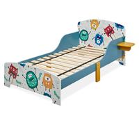 Relaxdays Cama Infantil con Estante, Baja, Somier Láminas, Barandillas, Diseño Monstruos, MDF, 60x94x143 cm, Multicolor
