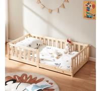 Cuna "Tanna", modelo con base, 80 x 160 cm. Cama Montessori con barandilla de seguridad. Madera de pino, color natural