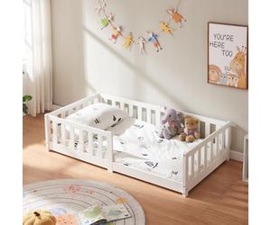Cuna "Tanna", modelo con base, 80 x 160 cm. Cama Montessori con barandilla de seguridad. Madera de pino, color blanco