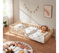 Cuna "Tanna", modelo con base, 90 x 200 cm. Cama Montessori con barandilla de seguridad, fabricada en madera de pino, color natural