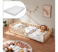 Cuna "Tanna", modelo con base en el suelo, incluye colchón de 90 x 200 cm. Cama Montessori con protección anticaídas, fabricada en madera de pino, acabado natural
