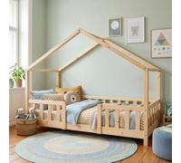 Cuna "Treviolo" con diseño rústico y barandilla de seguridad, fabricada en madera de pino, con dimensiones de 80 x 160 cm y acabada en tonos madera