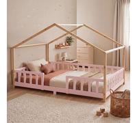 Cuna "Treviolo" con diseño rústico y barandilla de seguridad, fabricada en madera de pino, con dimensiones de 140 x 200 cm, en color rosa/natural