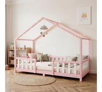 Cuna "Treviolo" con diseño rústico y barandilla de seguridad, fabricada en madera de pino, de 90 x 200 cm, en color rosa/blanco