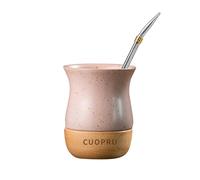 Cuopru Taza de cerámica Yerba Mate de 237 ml con base de madera original, incluye calabaza mate, bombilla y cepillo de limpieza - Perfecta para yerba mate tradicional y taza de estilo moderno (Rosa)