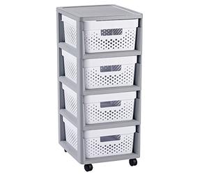 Curver - Mueble Organizador 4 Cajones Infinity con Ruedas - Cajones Extraíbles - Colores Gris/Blanco