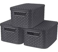 Curver Style Set de 3 Cestas con Tapa, Tamaño S, 7 L, Color Antracita