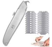 Cúter Retráctil Profesional de Aluminio con Bloqueo Automático, 20 Cuchillas de Repuesto Incluidas, 10 Trapezoidales y 10 de Gancho, para Moqueta, Cartón y PVC, Color Plata