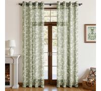 CUTEWIND Cortinas de Salón Gris Verde con Ollaos Pack de 2 Piezas 140x240 cm (An x Al) Cortina Transparente con Estampado de Hojas Blancas para Ventanales Grandes de Casa