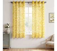 CUTEWIND Cortinas Dormitorio Amarillo con Ollaos Pack de 2 Piezas 140x160 cm (An x Al) Cortina Corta Transparente Moderna con Estampado de Hojas Blancas para Ventana y Cocina