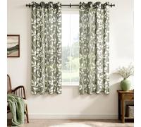 CUTEWIND Cortinas Dormitorio Verde Oliva con Ollaos Pack de 2 Piezas 140x160 cm (An x Al) Cortina Corta Transparente Moderna con Estampado de Hojas Blancas para Ventana y Cocina