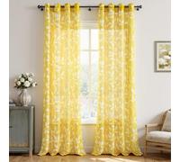 CUTEWIND Cortinas Salón Amarillo con Ollaos Pack de 2 Piezas 140x245 cm (An x Al) Cortina Transparente con Estampado de Hojas Blancas para Ventanales Grandes