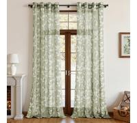 CUTEWIND Cortinas Salón Gris Verde con Ollaos Pack de 2 Piezas 140x260 cm (An x Al) Cortina Transparente Elegante con Estampado de Hojas Blancas para Decoración de Interiores