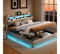 CXHLXYR Cama Tapizada 160x200, Cama matrimonial con Toma USB y luz LED, Cama Tapizada con Almacenamiento Oculto y estantes Abiertos,Camas Juveniles Cama Doble con Somier,Sin Colchon,Terciopelo