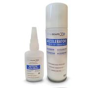 Cyanboard, Kit adhesivo de cianoacrilato de alta viscosidad (50grs) + Activador acelerador tapa poros (200ml). Adhesivo instantáneo para materiales porosos: madera, goma, cuero.