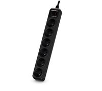 Cyberpower Tracer III B0620SC0-FR surge protector with 6 AC outlets, black, 200-250V, 1.8m cable, and built-in switch, ideal plug extension for home and office use.