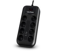Cyberpower Tracer III P0820SUF0-FR surge protector with 8 AC outlets, 200-250V, 1.8m cable, integrated power switch, and USB charging, ideal plug extension for home or office use, features surge prote