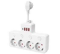 Cyleto Regleta de 4 enchufes con USB-C y 3 USB-A, cable de extensión de 6 cm para montaje en pared flexible, interruptor individual con luz de control, protección infantil y protección contra