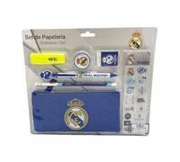 CYPBRANDS Real Madrid, Set de Papelería, Portatodo, Lápiz, Goma, Sacapuntas, Bolígrafo, Subrayador, Pegatinas, Color Azul, Producto Oficial