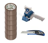 D.RECT Dispensador de Cinta Adhesiva con 6 Rollos Cinta Embalar Marrones 50m x 48mm - Incluidos Cuchillas de Cúter 18 mm con Mango de Goma