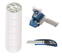 D.RECT Dispensador de Cinta Adhesiva con 6 Rollos Cinta Embalar Transparente 50m x 48mm - Incluidos Cuchillas de Cúter 18 mm con Mango de Goma