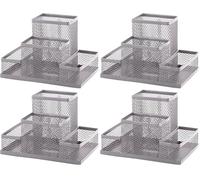 D.RECT Organizador de escritorio, soporte para bolígrafos, organizador de mesa de metal, estante de oficina con soporte para notas de malla, 103 x 154 x 103 mm, color plateado (Paquete de 4)
