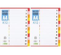 D.RECT - Separadores para A4, K12, 12 hojas de separación, pestañas con número 1 - 12, multicolor (Paquete de 2)