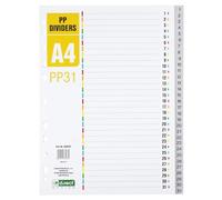 D.RECT Separadores para A4, PP31, 31 separadores, pestañas de anillas, pestañas con números 1 - 31, gris, separadores de colores de polipropileno, polipropileno