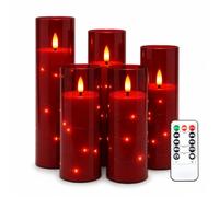 Da by 5 Velas LED Rojas con Tubo Exterior Rojo y Luces Hada Internas, Llama Parpadeante Realista, 1 Mando, Plástico Resistente al Calor, Tamaños Surtidos, Reutilizables para Interior y Exterior