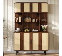 DACHETOU Armario alto con parte frontal de ratán, cuerpo de madera de densidad media, 8 puertas, mango negro, patas de hierro, diseño moderno, color nogal