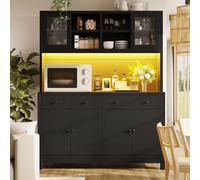 DACHETOU Armario buffet alto 140 x 40 x 180 cm, negro, puertas de cristal y 4 cajones, estantes ajustables, soporta hasta 100 kg