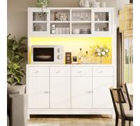 DACHETOU Armario buffet alto con puertas de cristal y 4 cajones, 140 x 40 x 180 cm, estantes ajustables, aspecto de madera natural, soporta hasta 100 kg, color blanco