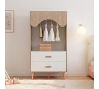 DACHETOU Armario infantil blanco + madera natural, 80 × 46 × 141,5 cm, armario abierto con barra y cajones, armario de almacenamiento para niños, patas de madera maciza