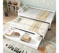 DACHETOU Cama individual y doble, color blanco, 200 x 90 cm/190 x 90 cm, cama deslizante con ruedas inferiores, con 2 cajones de MDF, marco de madera maciza, sin colchón