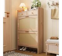 DACHETOU Zapatero moderno de ratán con puertas dobles, 2 cajones, espacio de almacenamiento de varios niveles, estrecho, pasillo, entrada, aspecto de madera, 65 x 25 x 106 cm, natural
