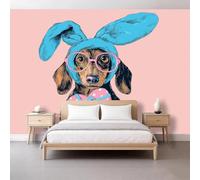 Dachshund Con Sombrero De Orejas De Conejo Papel Pintado No Tejido 3D 250 x 175 cm Pared De Fotos De Pared De Dibujos Animados Divertido Papel Pintado Panorámico De Pared Para Sala Tv Sofá Tema Hotel